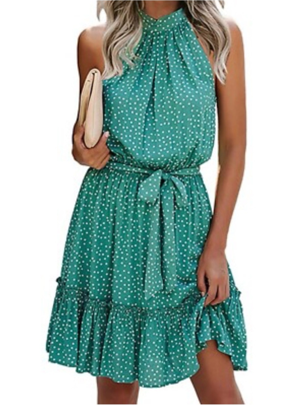 BTFBM Sleeveless Teal Polka Dot Tie-Waist Midi Dress